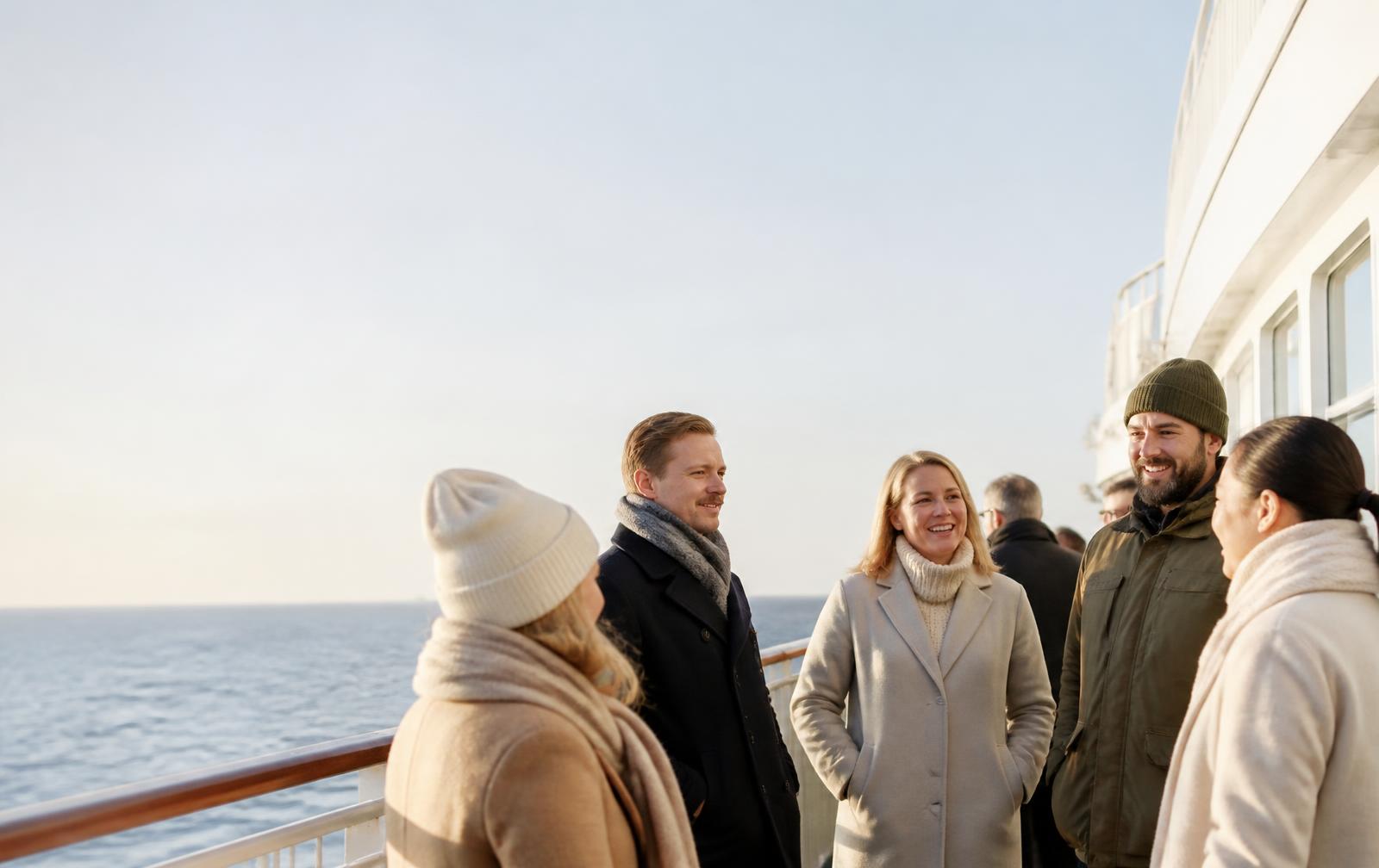 Ihmisiä keskustelemassa risteilyaluksen kannella talvisessa merimaisemassa.